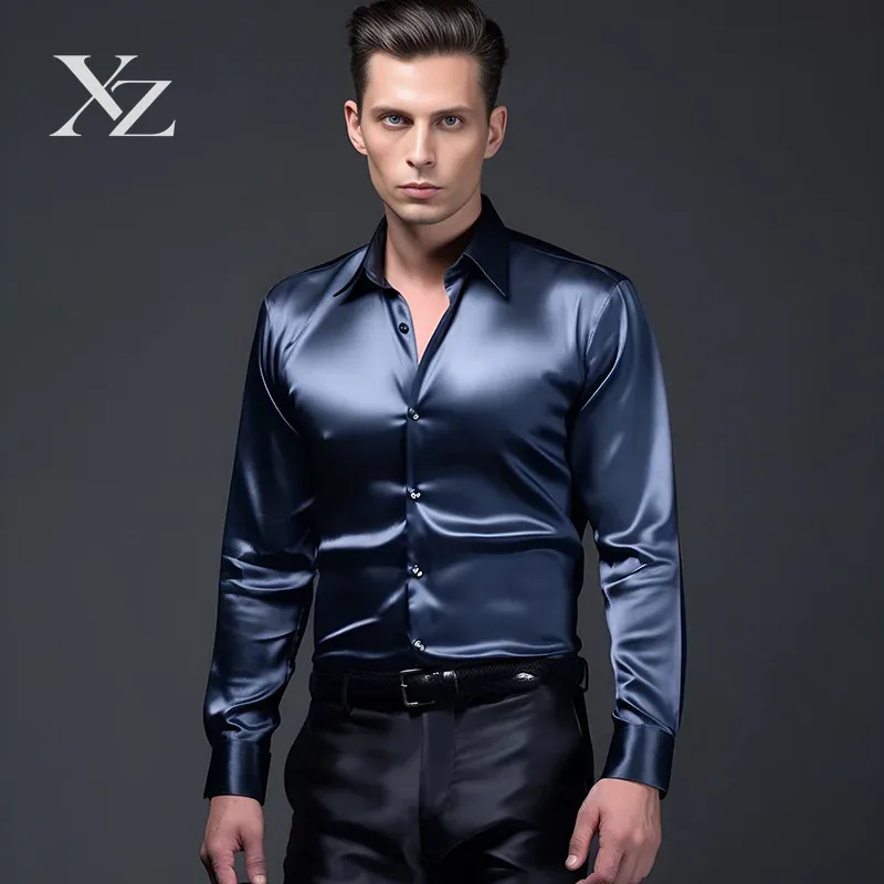 Męska satynowa koszula z efekt – Mens Satin Silk Dress Shirt recenzja i cena