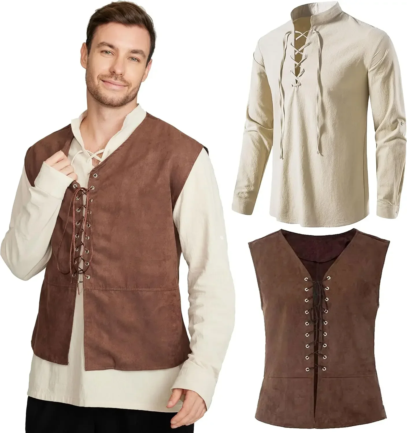 2-częściowy zestaw męski: śred – Medieval Gothic Lace Up Pirate Shirt recenzja i cena