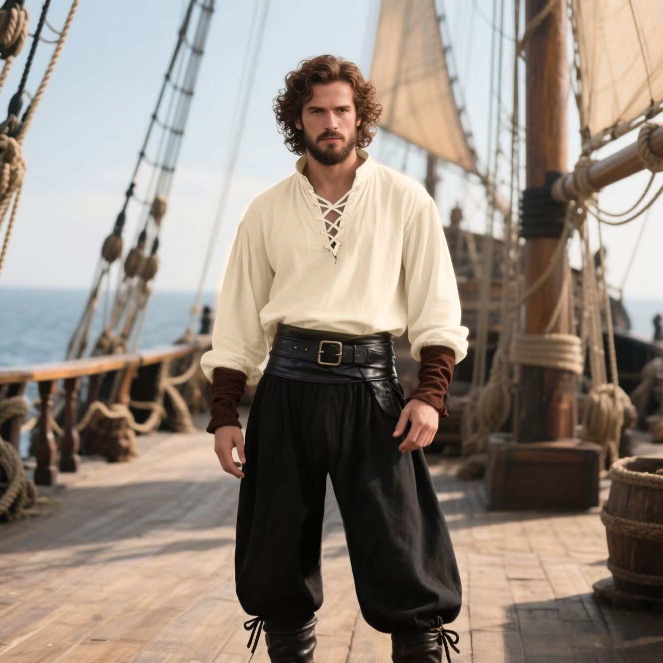 Kostium Pirata na Halloween Mę – Medieval Gothic Lace Up Pirate Shirt recenzja i cena